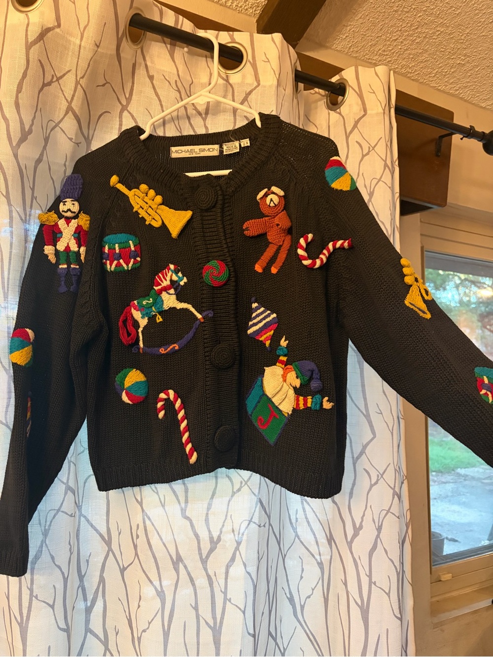 Michael Simon Black Festive Knit Cardigan with Colorful Holiday Appliqués